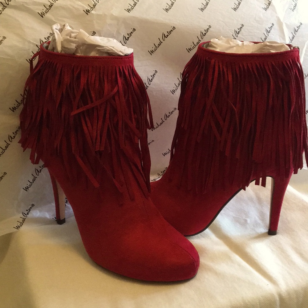 Michael Antonio: Apple Red Suede Fringe Booties 9